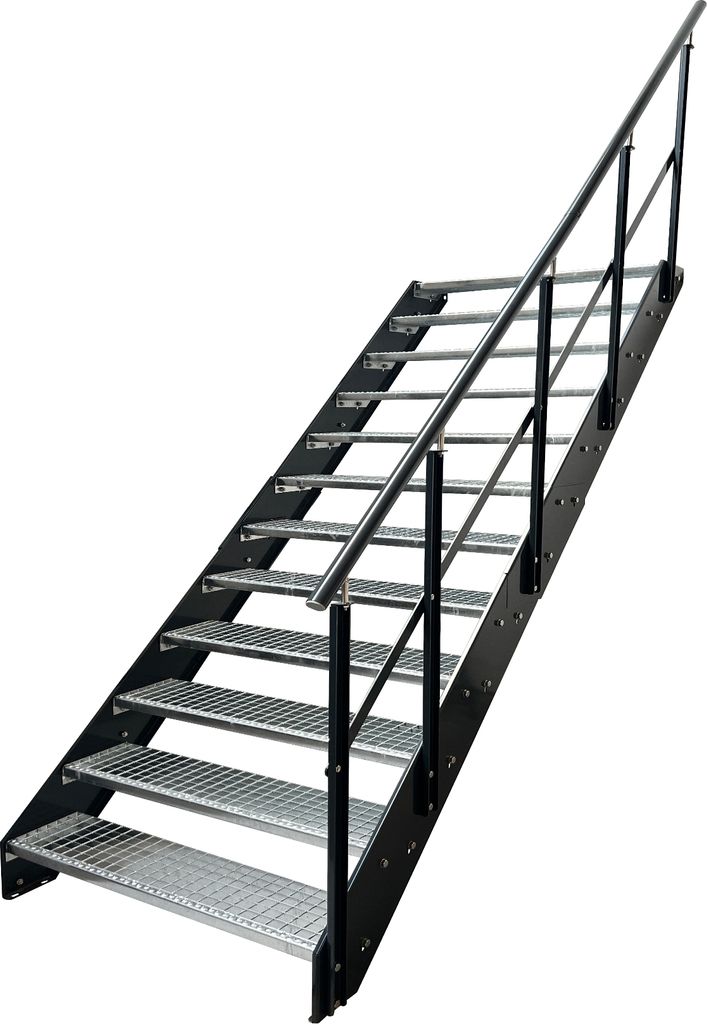 Stahl Wangentreppe Gitterroststufen 12 Stufen Geländer Rechts - Verzinkt & Anthrazit pulverlackierten Seiten - (B x H x T) 100 x 228 x 234 cm