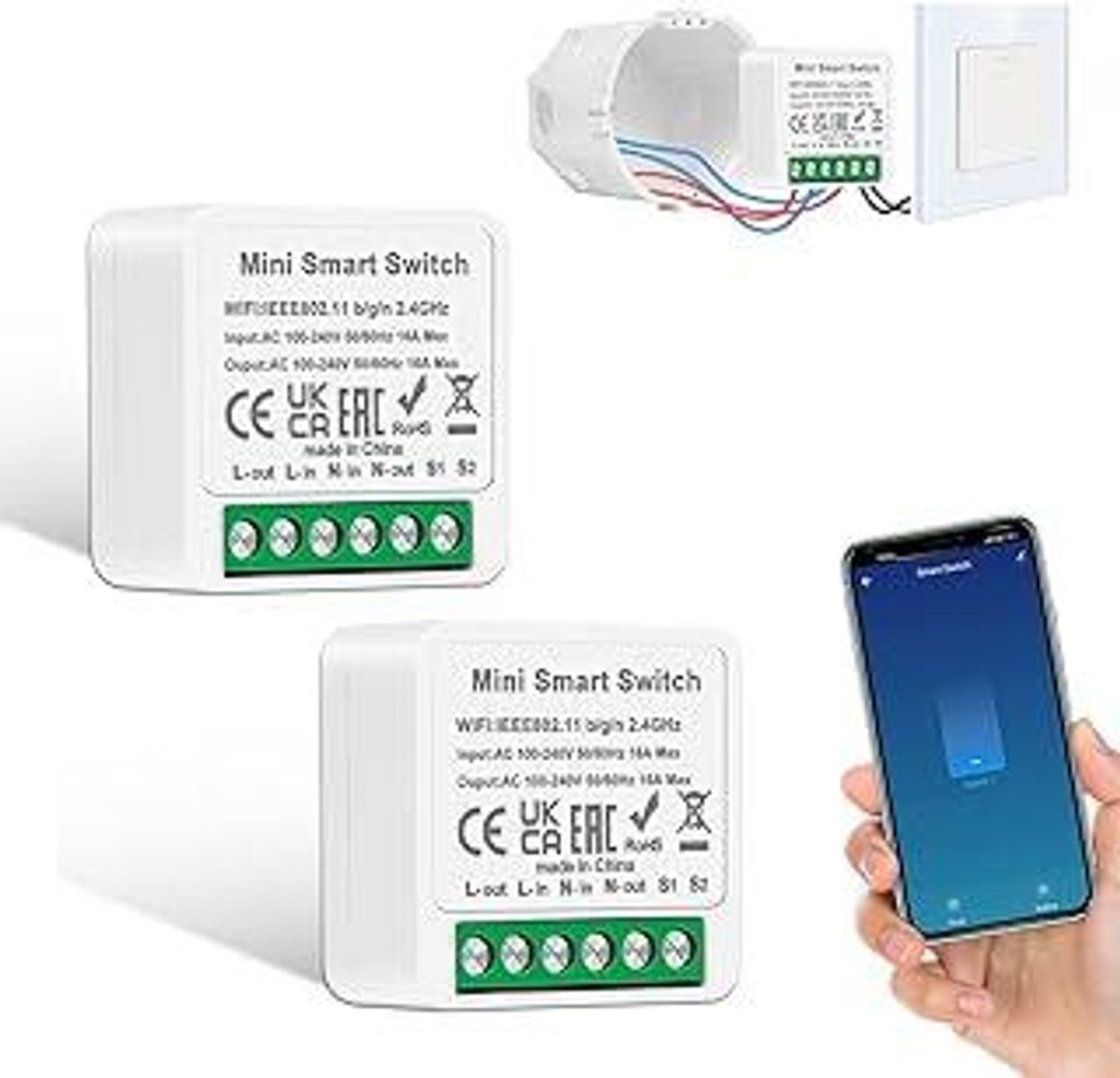 2 PCS CNBINGO Smart Lichtschalter Modul 1 Weg/2 Wege, Mini DIY WLAN Schalter Passt hinter Wandschalter, Smart Switch Kompatibel mit Echo, Google Ho...