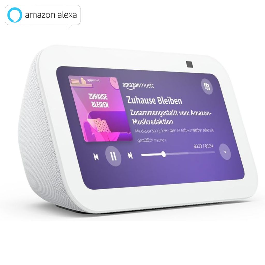 A white Amazon Echo Show 5 smart display is shown from a slightly elevated front-left angle, displaying music playback information on its screen.