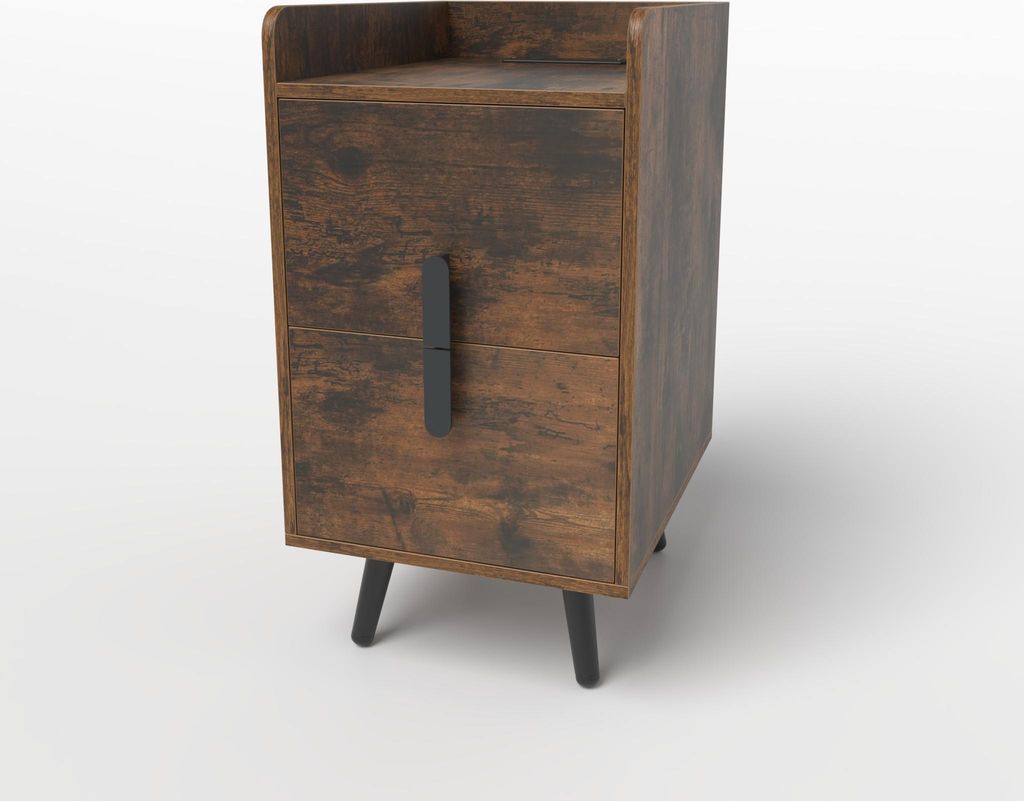 COSTWAY Nachttisch mit Ladestation, schmaler Nachtschrank mit 2 Schubladen & Metallbeinen, Beistelltisch, Nachtkommode 40x32x60cm Rustikales Braun