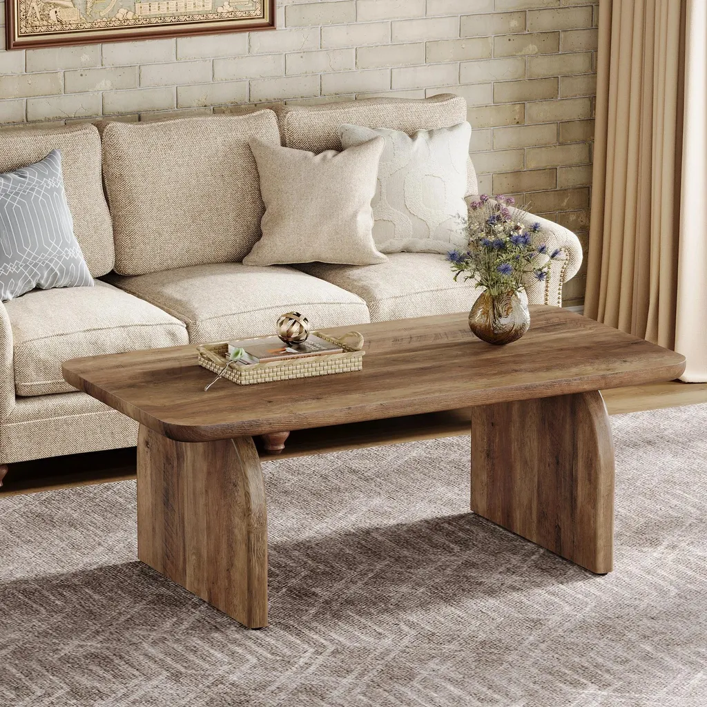 Table basse robuste en bois brun rustique 120 cm - Style campagne
