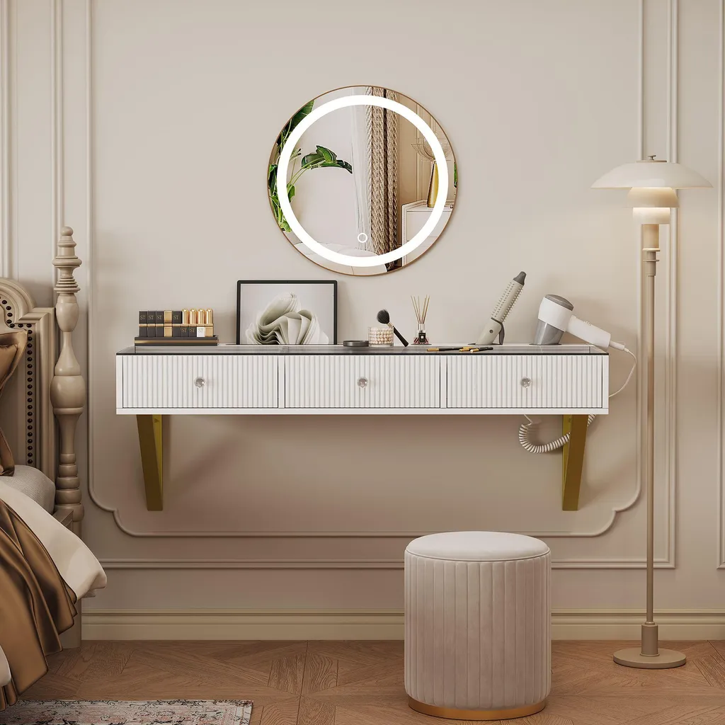Coiffeuse Blanche 3 Tiroirs avec Séparateurs et Plateau en Verre Chic - 2