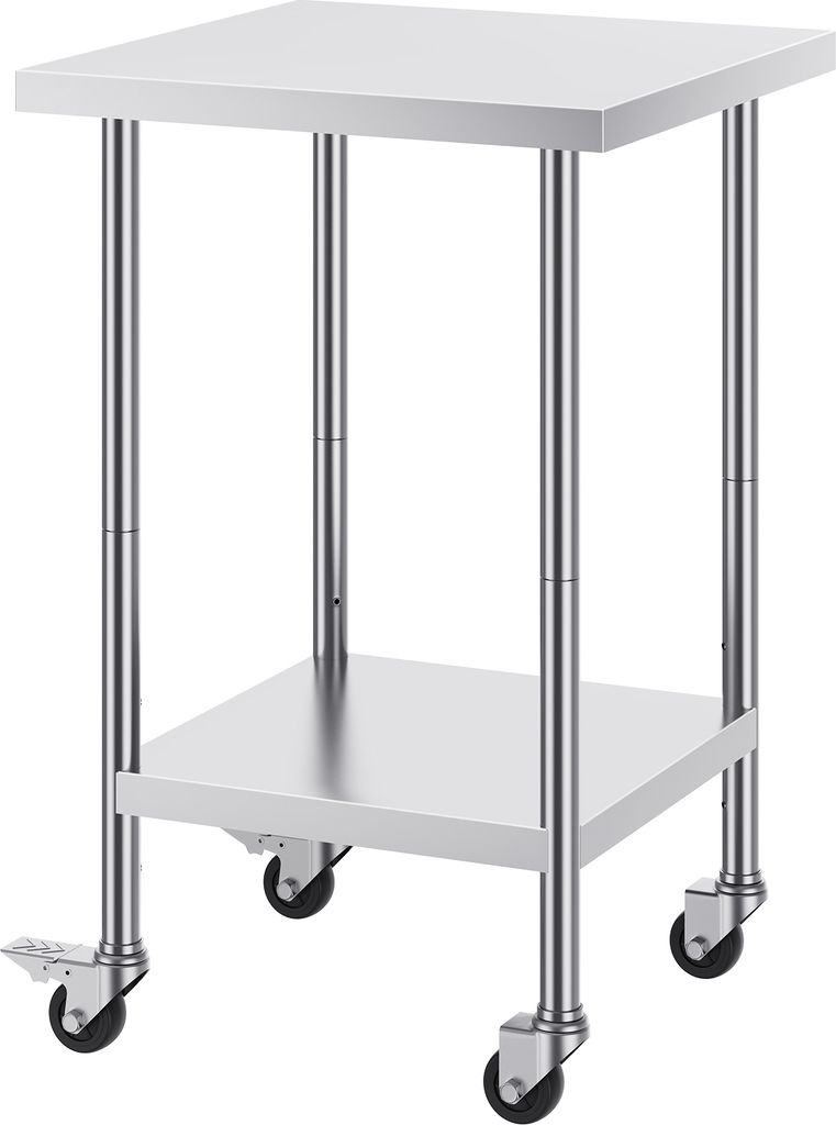 SucceBuy Arbeitstisch aus Edelstahl, 61 x 61 x 96,5 cm, 318 kg Tragkraft, 4 Räder, 3 einstellbare Höhenstufen, robuster Lebensmittelzubereitungst...