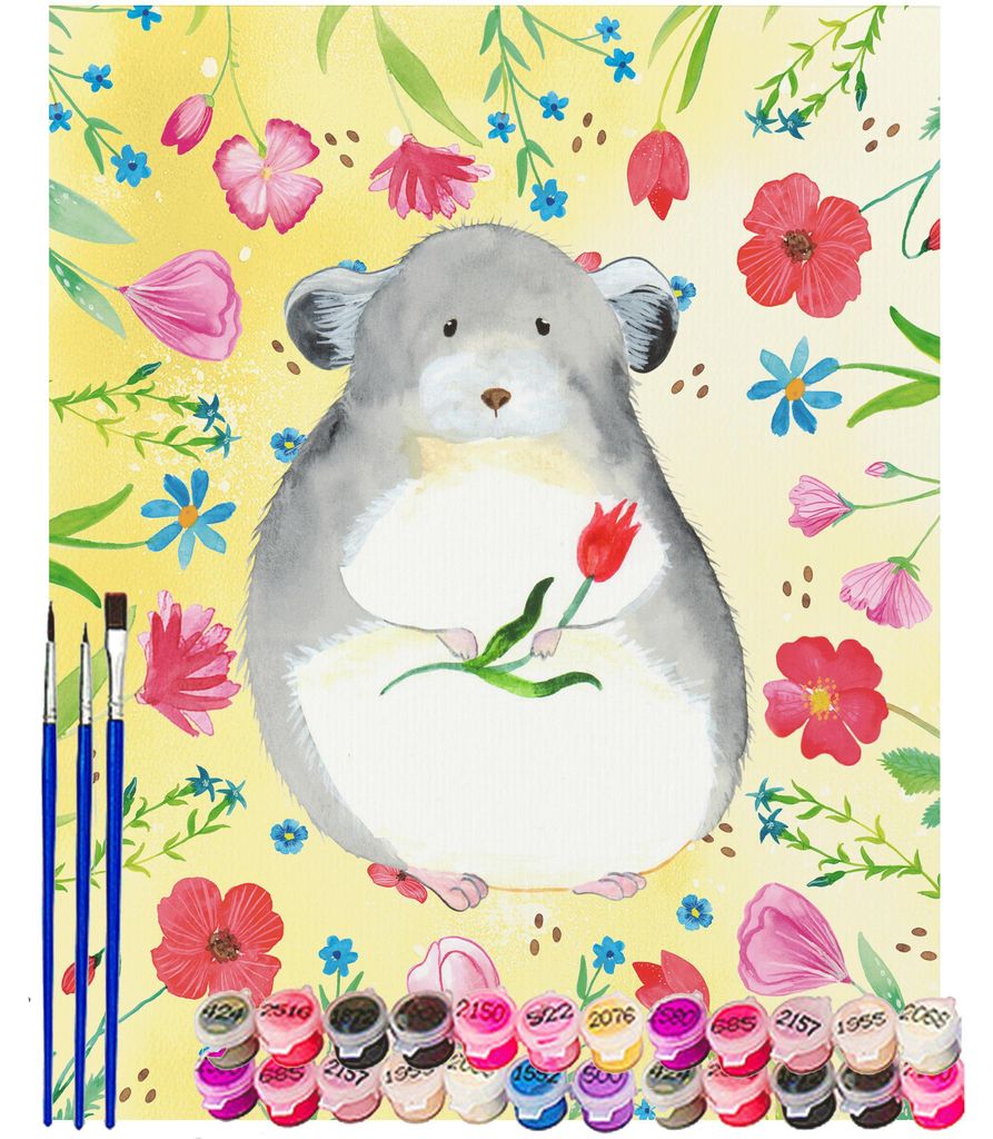 Mr. & Mrs. Panda DIY Malen nach Zahlen Chinchilla Blume 40 x 50 cm Mit Rahmen - Gelb Pastell - Geschenk, set, Kummer, Chaos, Chinchillas, Leinwand,...