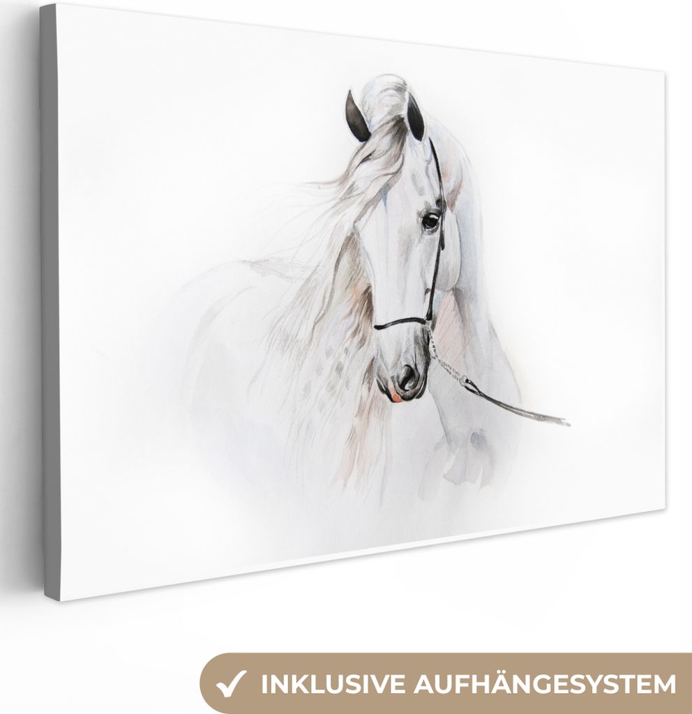 MuchoWow - Leinwandbilder - Pferd - Aquarell - Tiere - Weiß, Wandbild, Wanddeko Bilder Wohnzimmer, 120x80 cm