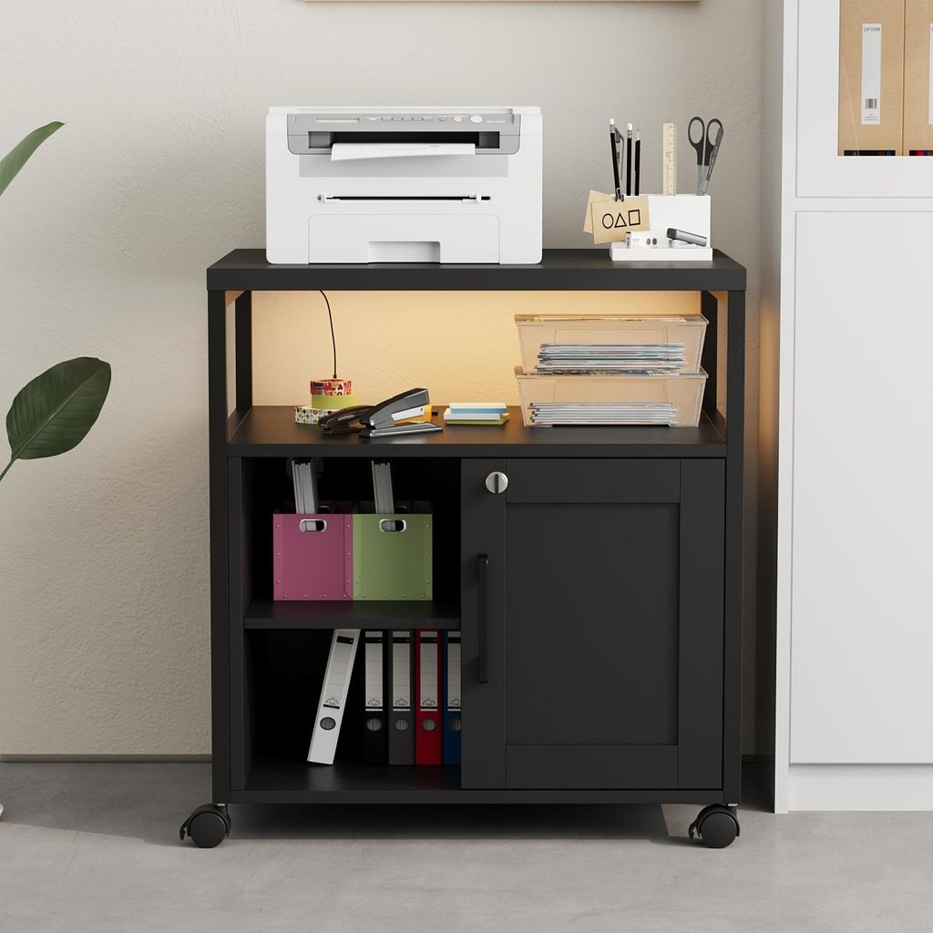 Druckerschrank mit LED-Lichtleistee, Aktenschrank, Mehrzweckschrank, Büroschrank, Schrank, Aufbewahrungsschrank, Schwarz, MDF, 60 × 43,5 × 65 cm