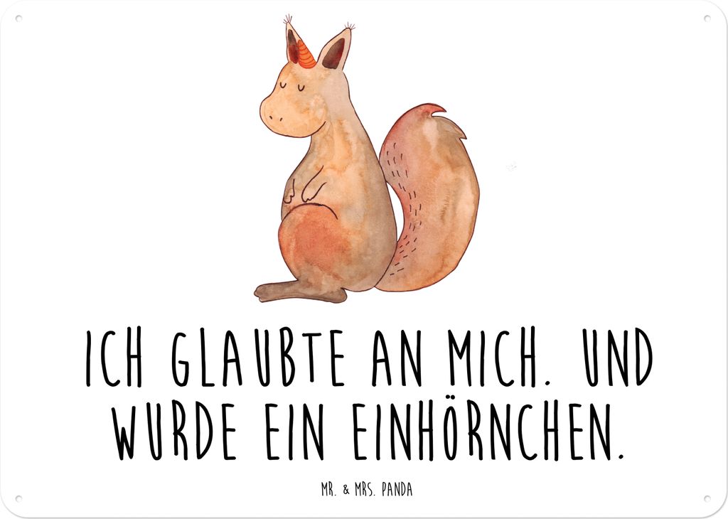 Mr. & Mrs. Panda tafel Einhorn Glauben DIN A5 - Weiß - Geschenk, Schild, Wandbild, Eichhorn, Einhörnchen, Türschild, Metallbild, Unicorn, Blecht...