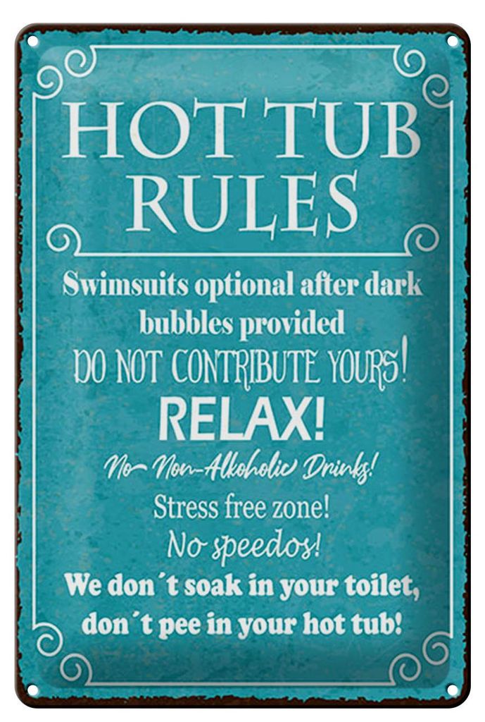 Blechschild Spruch 20x30 cm Hot tub rules blaues Deko Schild