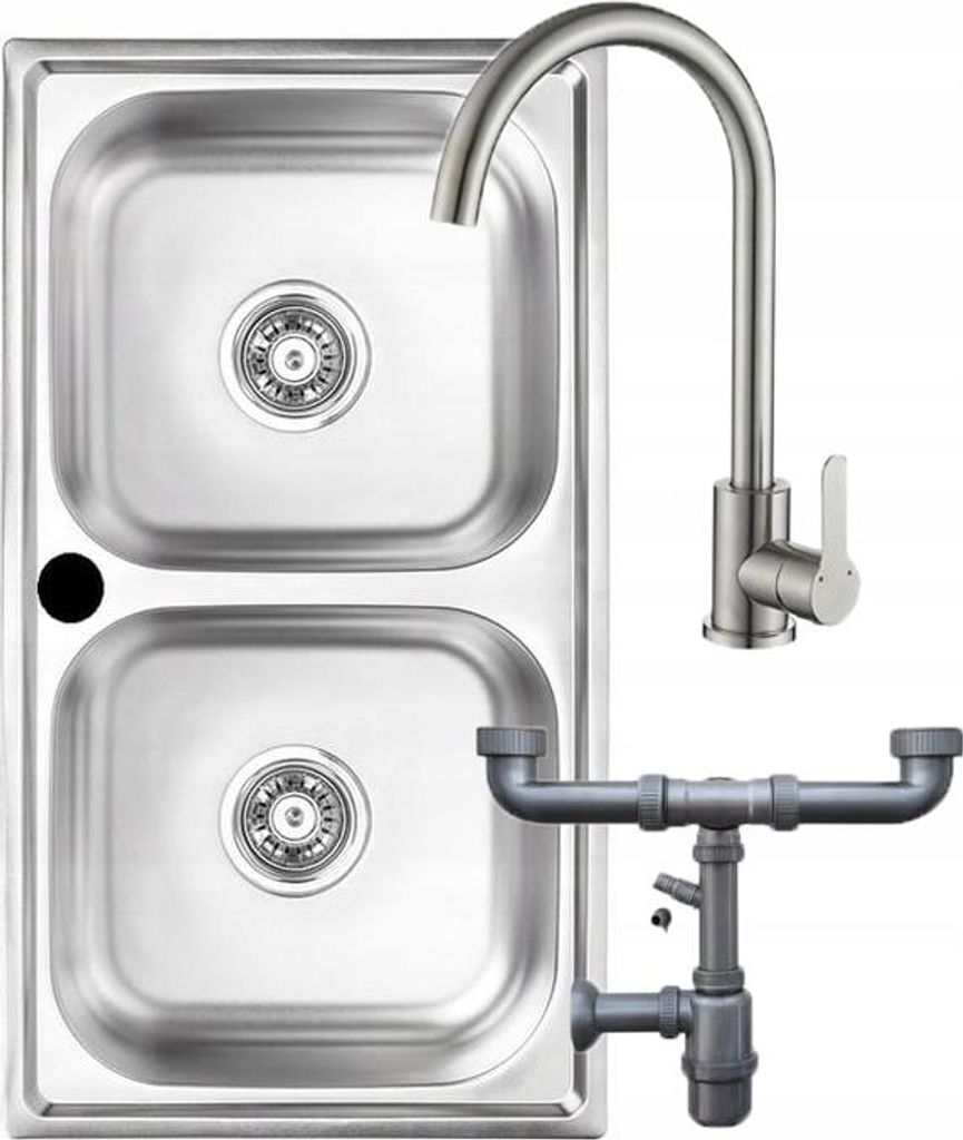 A stainless steel double sink with a faucet and drainpipe.