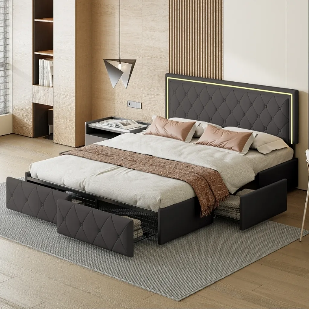 Cadre de lit double 160x200 cm complet avec sommier et rangement intégré