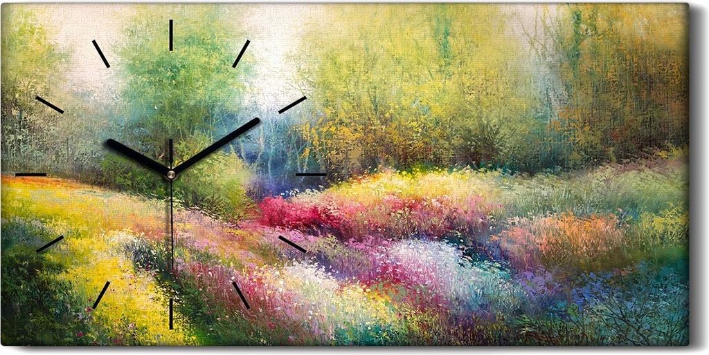 Wanduhr Leinwand Bild Uhr Kunstdruck 60x30 Gemälde Frühlingswiese bunte Blumen - schwarze Hände