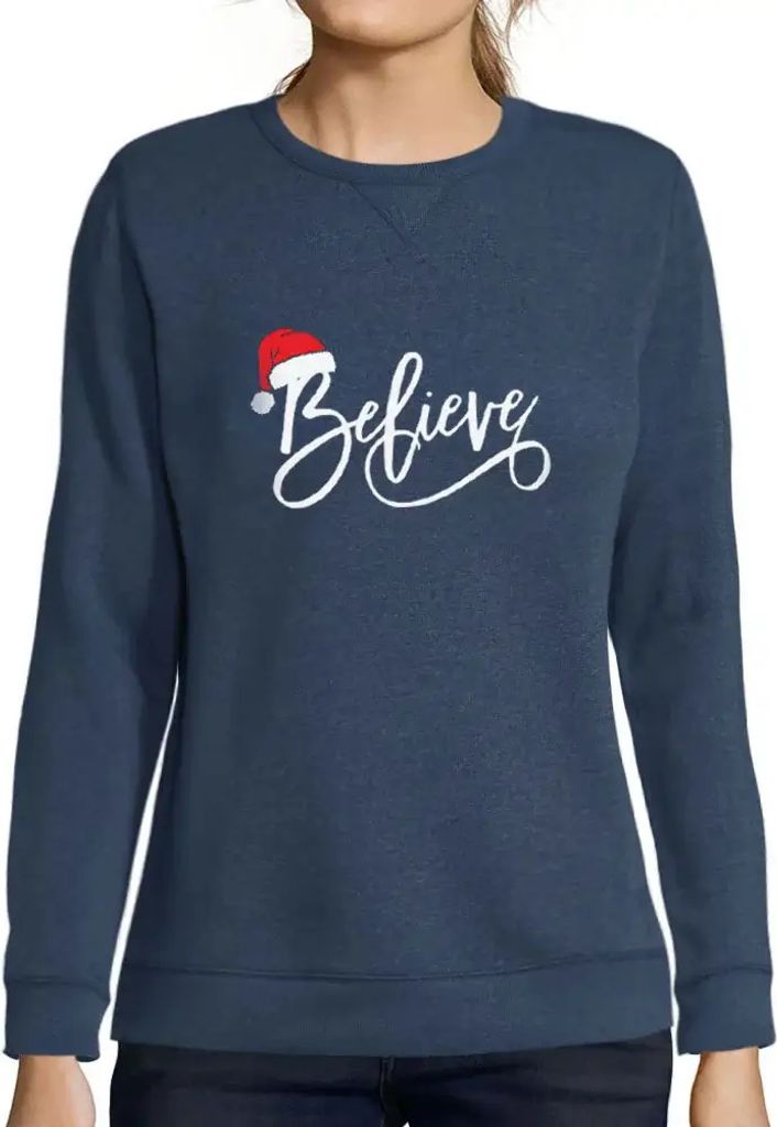 Damen Grafik Sweatshirt mit Aufdruck Weihnachten glauben Hut xmas – Christmas Believe Hat Xmas – Öko-Verantwortlich Vintage Jahrgang Langarmshirt