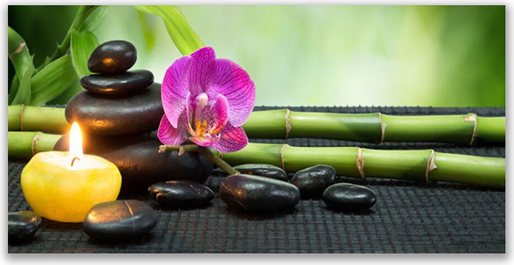 Küchenrückwand aus Glas 140x70cm Spritzschutz Bambus Blume Steine Kerze Spa