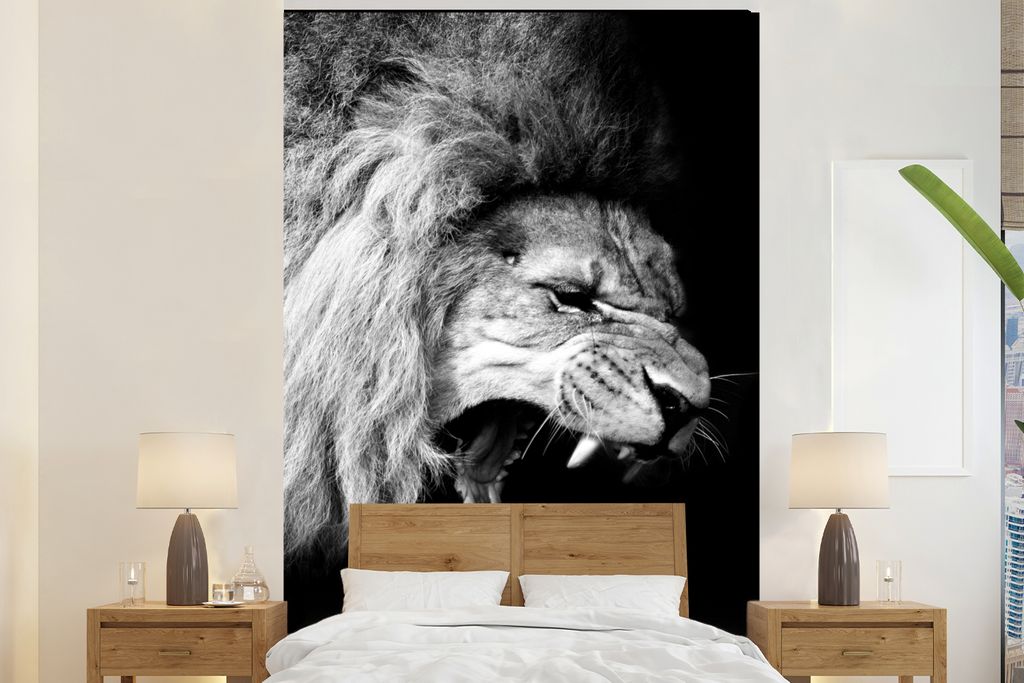 MuchoWow Fototapete für Wohnzimmer oder Schlafzimmer Wandtapete Vinyl Motivtapete Löwe - Porträt - Schwarz - Weiß - Tiere - 160x240 cm - Viny...