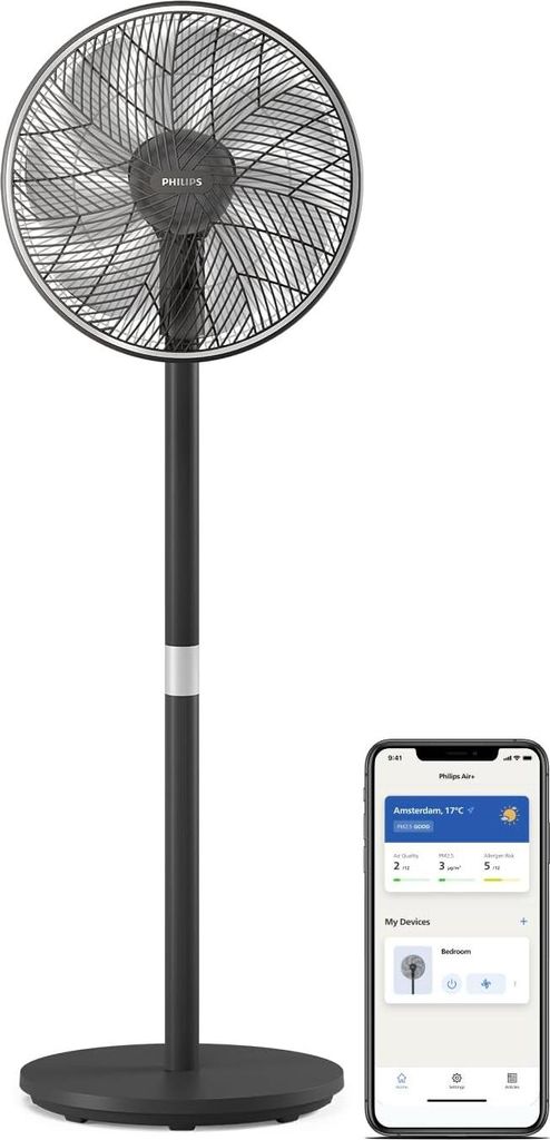 A black standing fan next to a smartphone displaying an app interface.