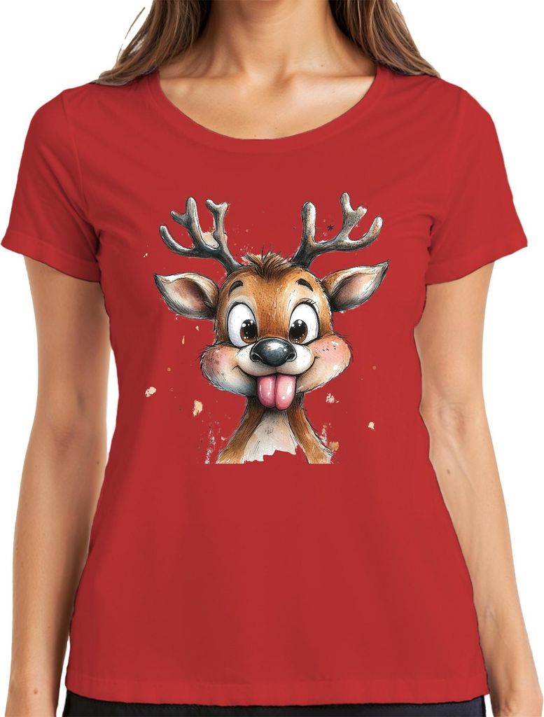 Süßes Rentier mit rausgestreckter Zunge Weihnachten Lustig Kids Damen T-Shirt, Rot, XL