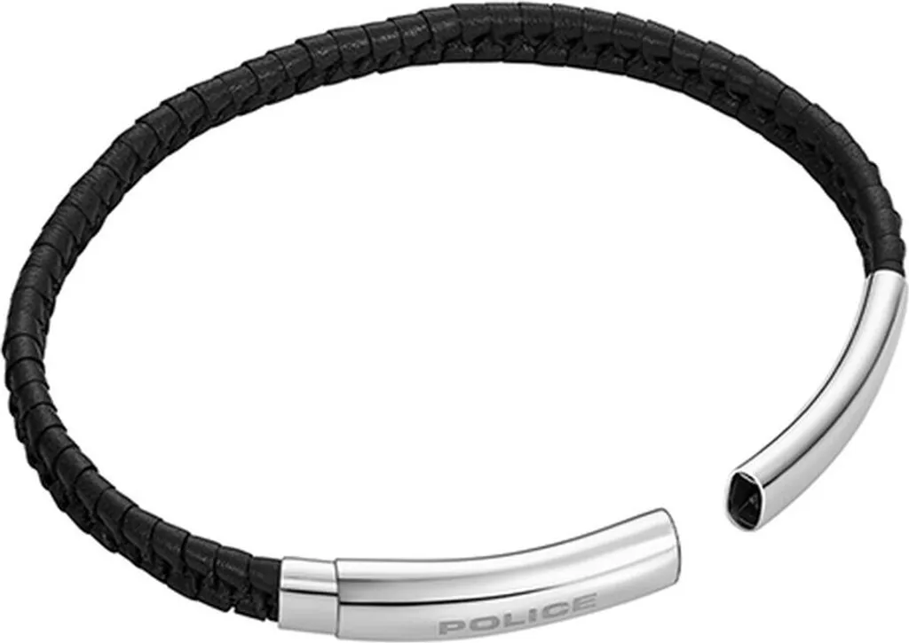 Bracelet Homme Police en Cuir Véritable et Acier Gris Anthracite