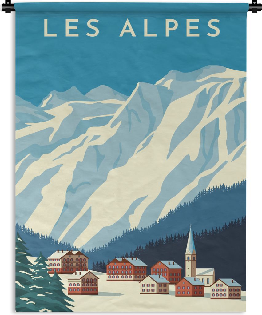 MuchoWow Wandteppich Wandbehang Alpen - Vintage - Zeichnung 60x80 cm Tapisserie Dekoration Wandtuch - Decke - Wandtücher - Wohne