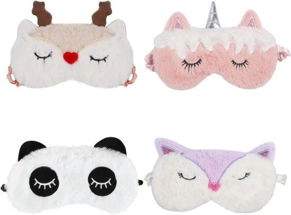 Masque de sommeil 4 pièces animaux en peluche réglable pour nuit calme