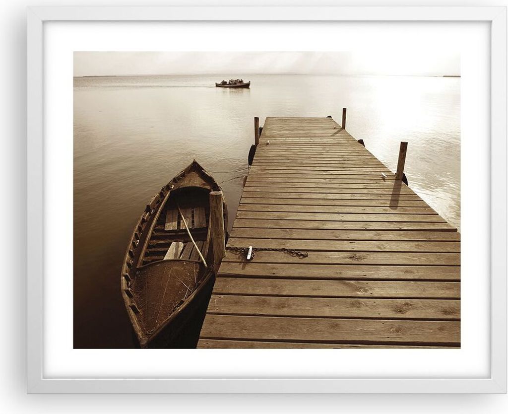 Gerahmtes Poster - Weißer Rahmen - Brücke Boot Sepia - 50x40 cm - Wand Bild - Wanddeko - Wandbilder - Kunstposter - Wandposter - Bilderrahmen - B...
