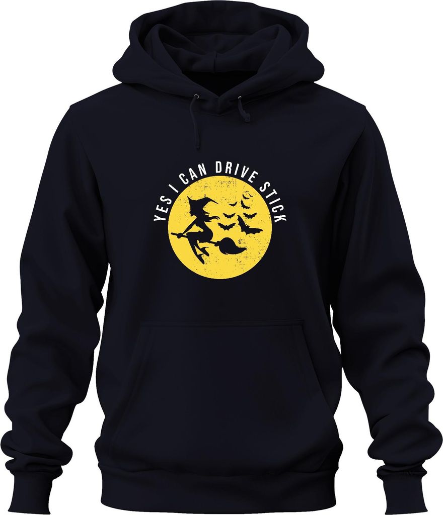 YES I CAN DRIVE STICK Hexe Besen Mond Halloween Fledermaus Grunge Uni Hoodie Kapuzenpullover, Navy, XXL