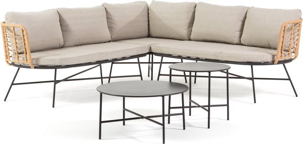 Eck-Gartenset im Boho-Chic-Stil mit 5-Sitzer-Sofa und 2 Tischen aus Metall und Polyrattan – modernes, natürliches und elegantes Design für Terr...