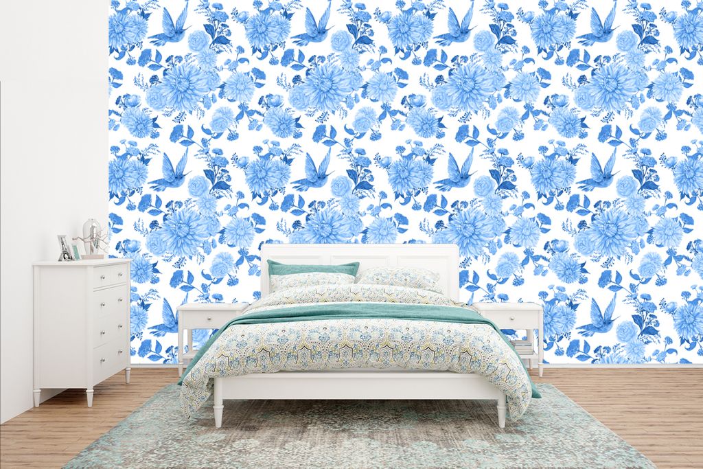 MuchoWow Fototapete für Wohnzimmer oder Schlafzimmer Wandtapete Vinyl Motivtapete Blumen - Muster - Blau - 435x260 cm - Kinderzimmer