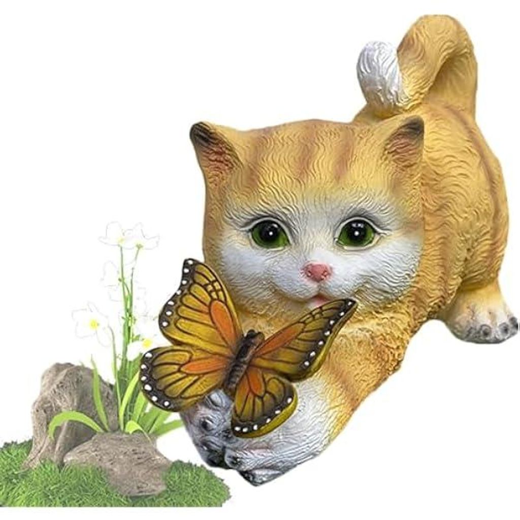 Solarbetriebene Katzenstatue, Schmetterlings-Solarleuchten für den Außenbereich, Dekorative Tierfigur für den Garten, Wasserdichte Harzskulptur,...