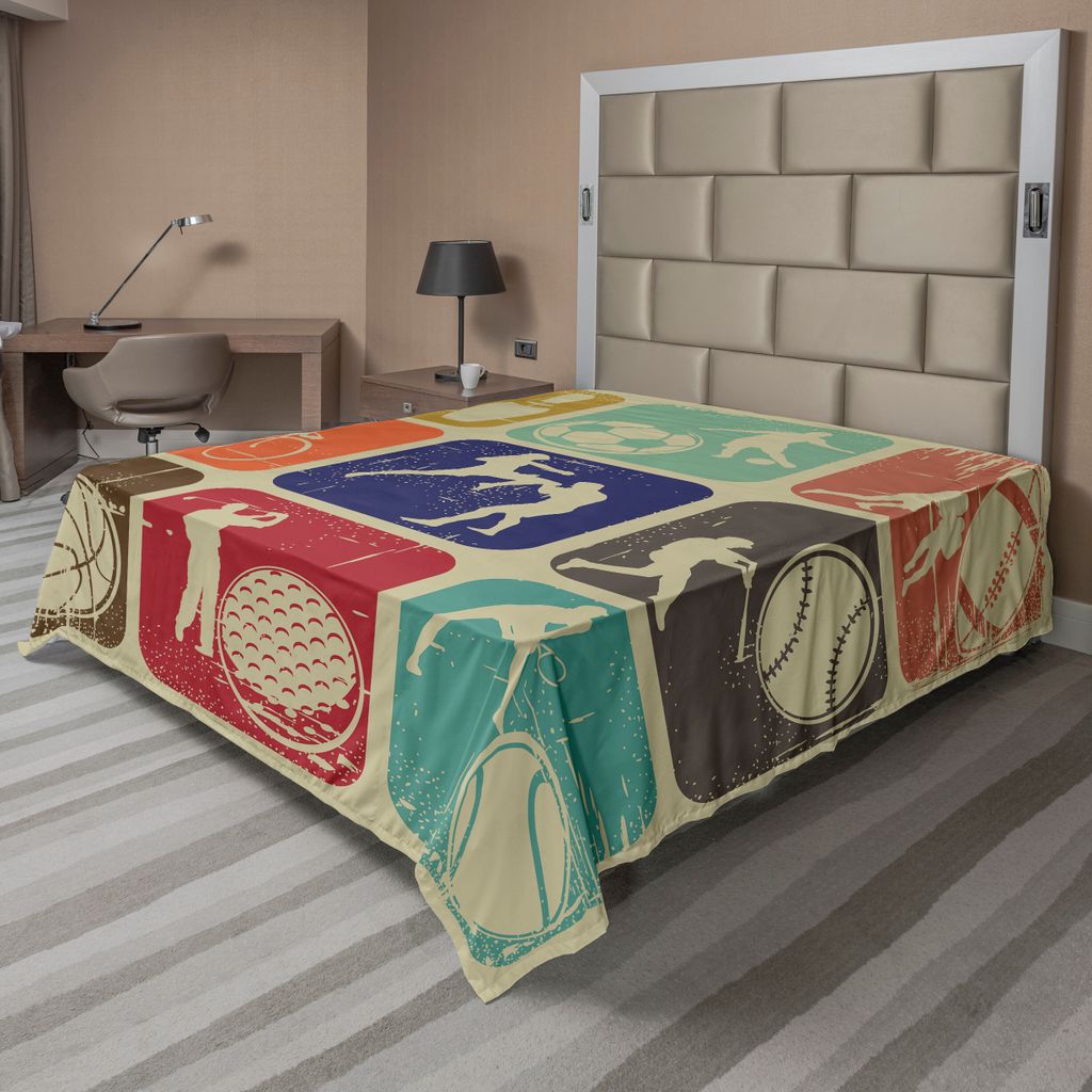 ABAKUHAUS Sport Bettlaken, Sortierte Sport Fahnen Vintage Schmutz Effekt Tennis Fußball Bowlingsport Kneipen Thema, weiches bequemes oberes Bettla...
