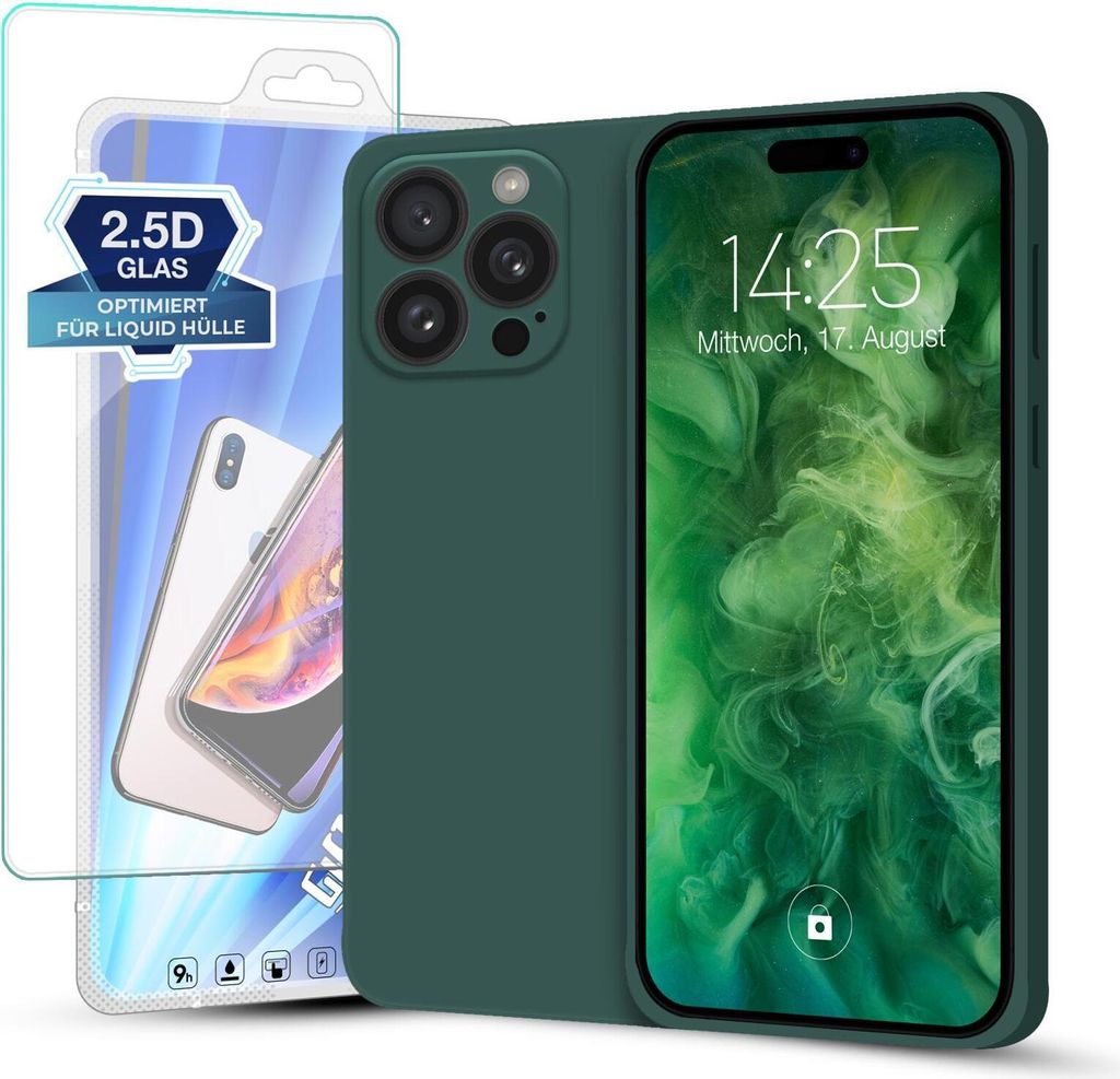 Hülle für Apple iPhone 16 Pro Max mit 9H Displayglas Displayschutz Plus Case Cover Bumper Silikon Softgrip Schutzhülle Farbe: Grün