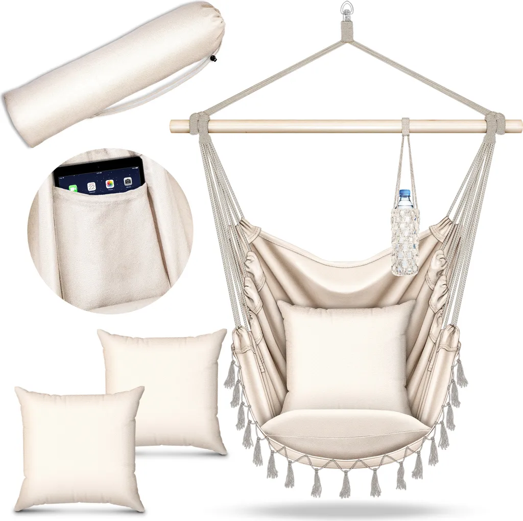 Siège Suspendu de Jardin Beige avec Sac de Transport et Coussins Doux