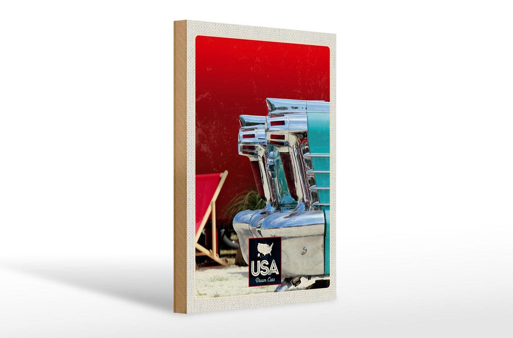 Holzschild Reise 20x30cm Amerika Oldtimer blau silber Urlaub
