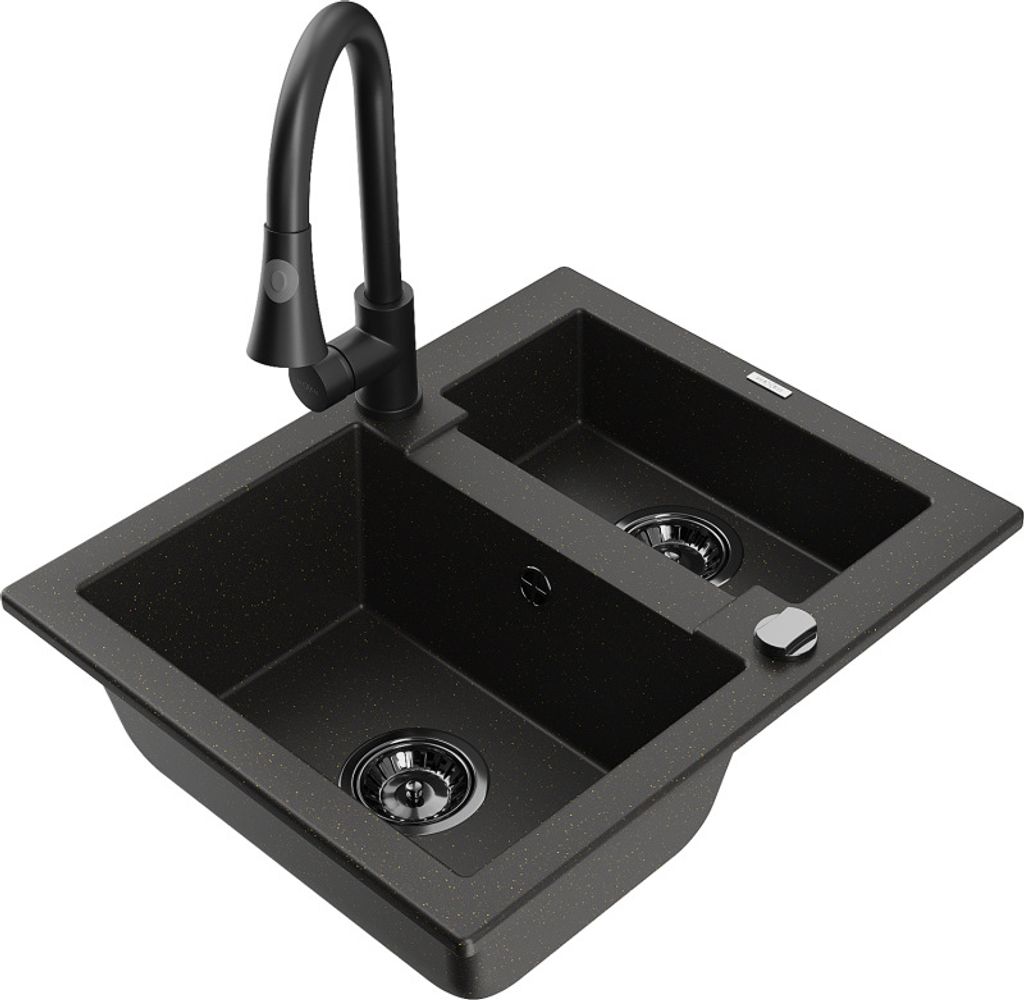 Mexen Carlos 1,5-Becken-Granitspüle mit Mischbatterie Elia, Schwarz/Gold metallisch - 6518-75-670101-70-B