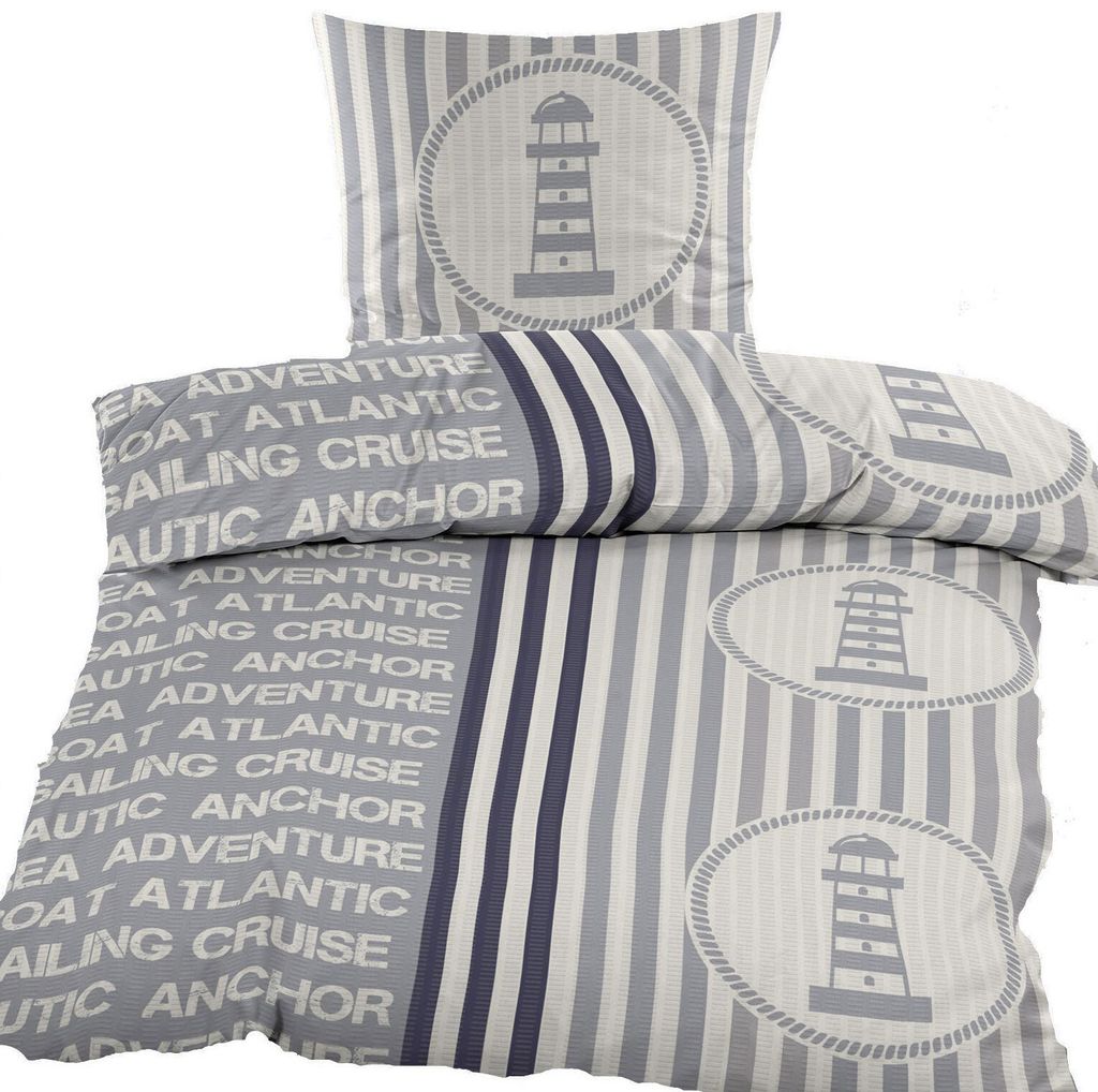 2-tlg. Seersucker Bettwäsche 135x200 +80x80 cm, maritim, Leuchtturm, bügelfrei