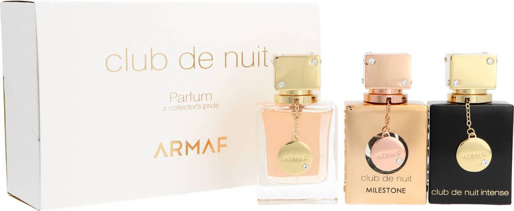 A gift set of three perfumes from the Armaf Club de Nuit collection, presented in their original packaging.