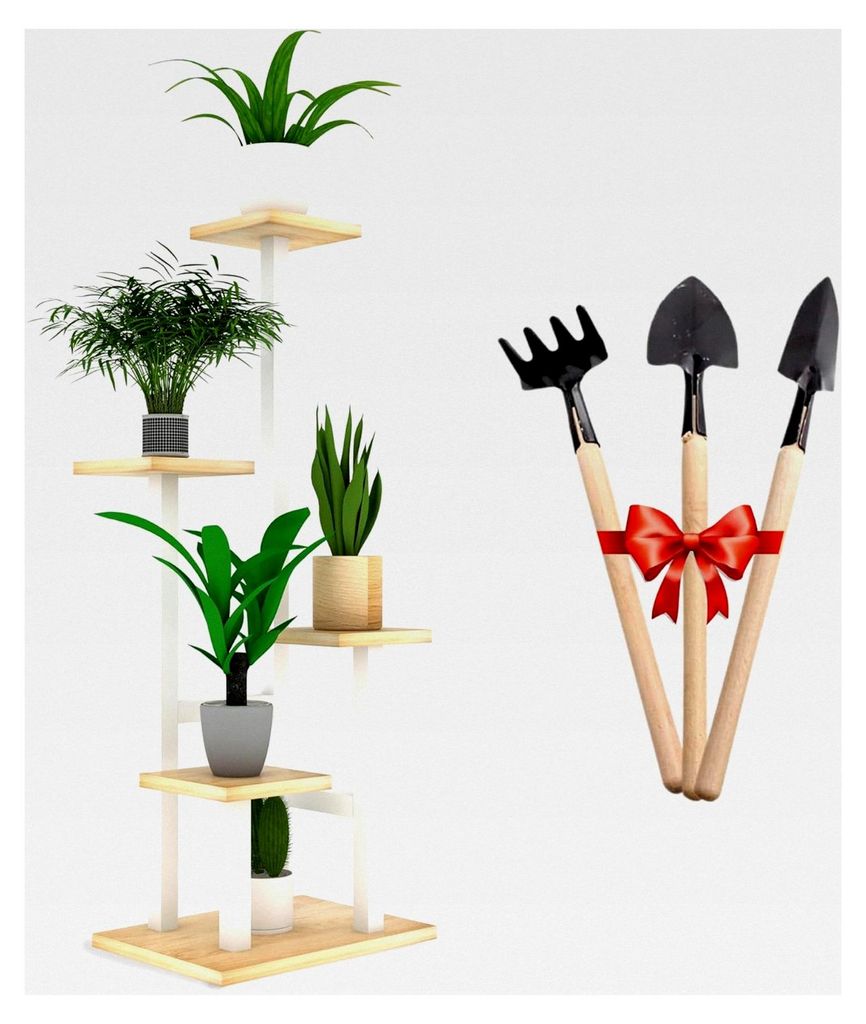Metall Blumenständer - Holz Pflanzenregal - Pflanzenständer mit Werkzeug als Geschenk - Blumentreppe für den Innenbereich, 4 Etagen, Größe 85x...