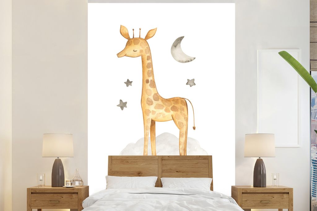 MuchoWow Fototapete für Wohnzimmer oder Schlafzimmer Wandtapete Vinyl Motivtapete Giraffe - Mond - Sterne - 195x300 cm - Das Hintergrundbild