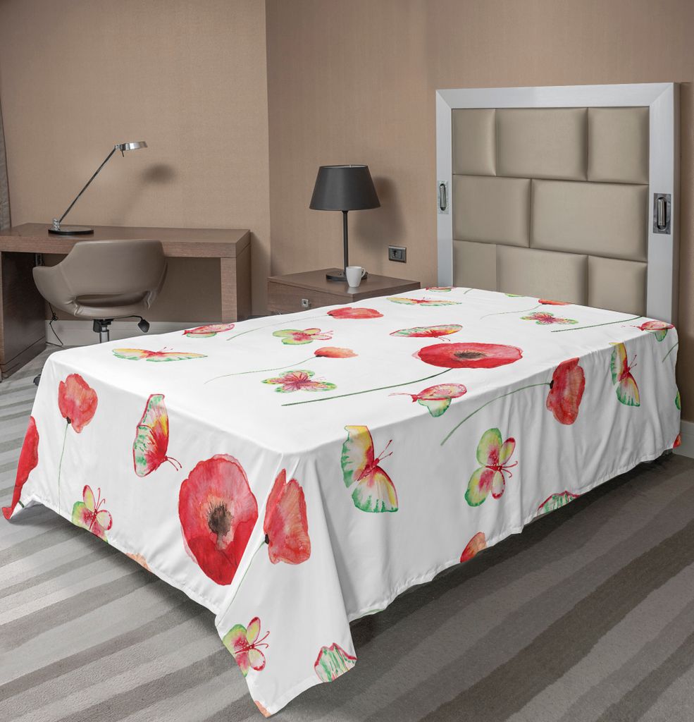 ABAKUHAUS Blume Bettlaken, Vintage Muster Mit Mohn Und Schmetterling Romantik Theman Illustration Art Druck, weiches bequemes oberes Bettlaken für...