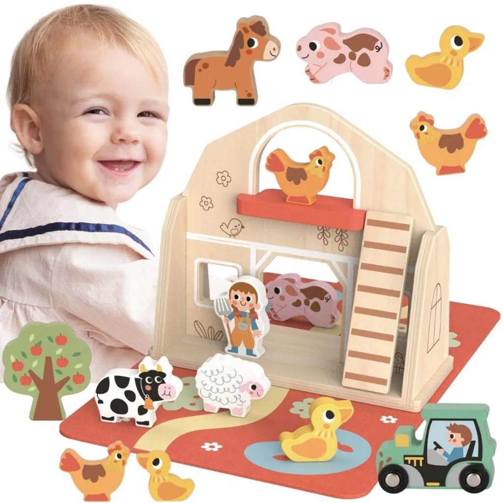 Jouet d'Éveil Ferme en Bois Transportable avec Figurines pour Enfants