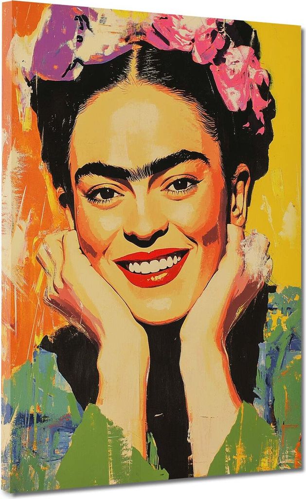 Strahlende Frida mit Blumen und gelbem Hintergrund Leinwandbild Wanddeko: 75x100x2cm