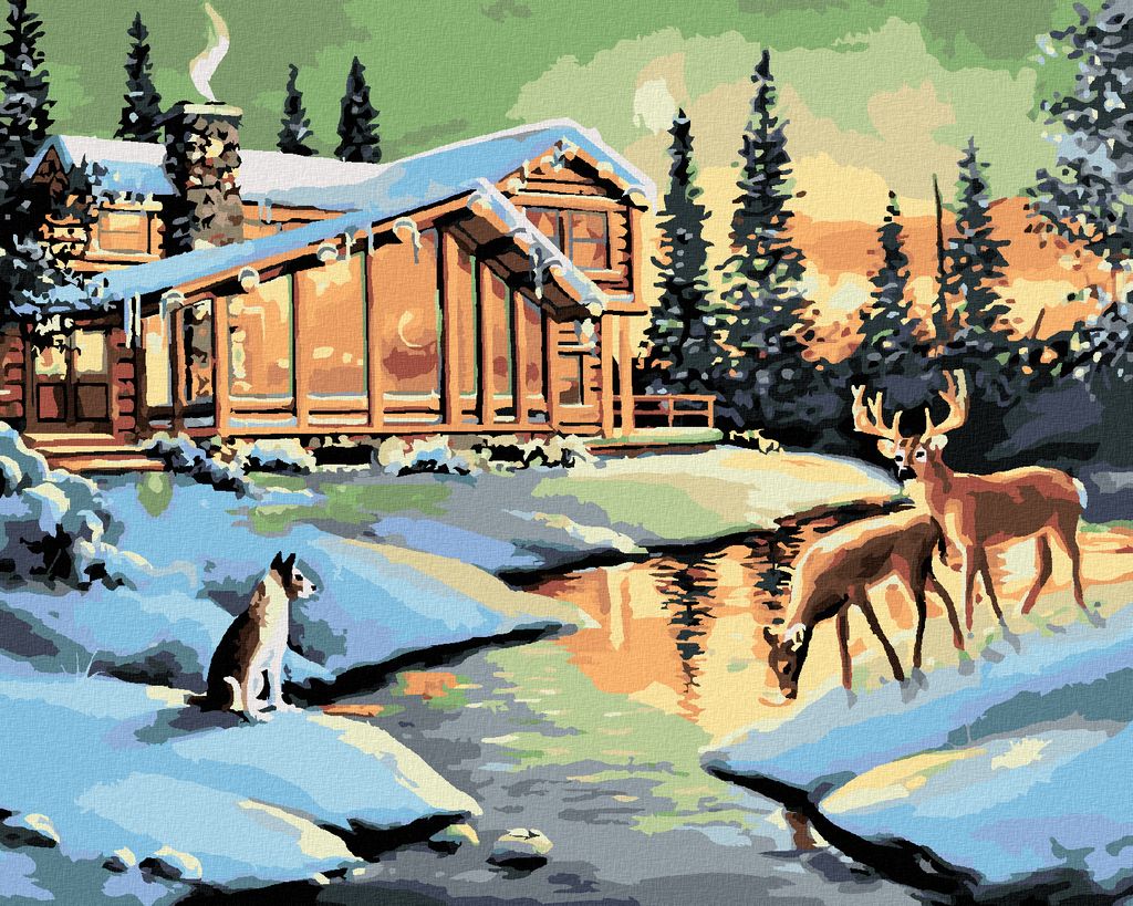 Zuty - Malen nach Zahlen - HIRSCHKUH, HIRSCH UND HUND BEI DER BLOCKHÜTTE (D. RUSTY RUST), 40x50 cm, mit Keilrahmen (bereits gespannt)
