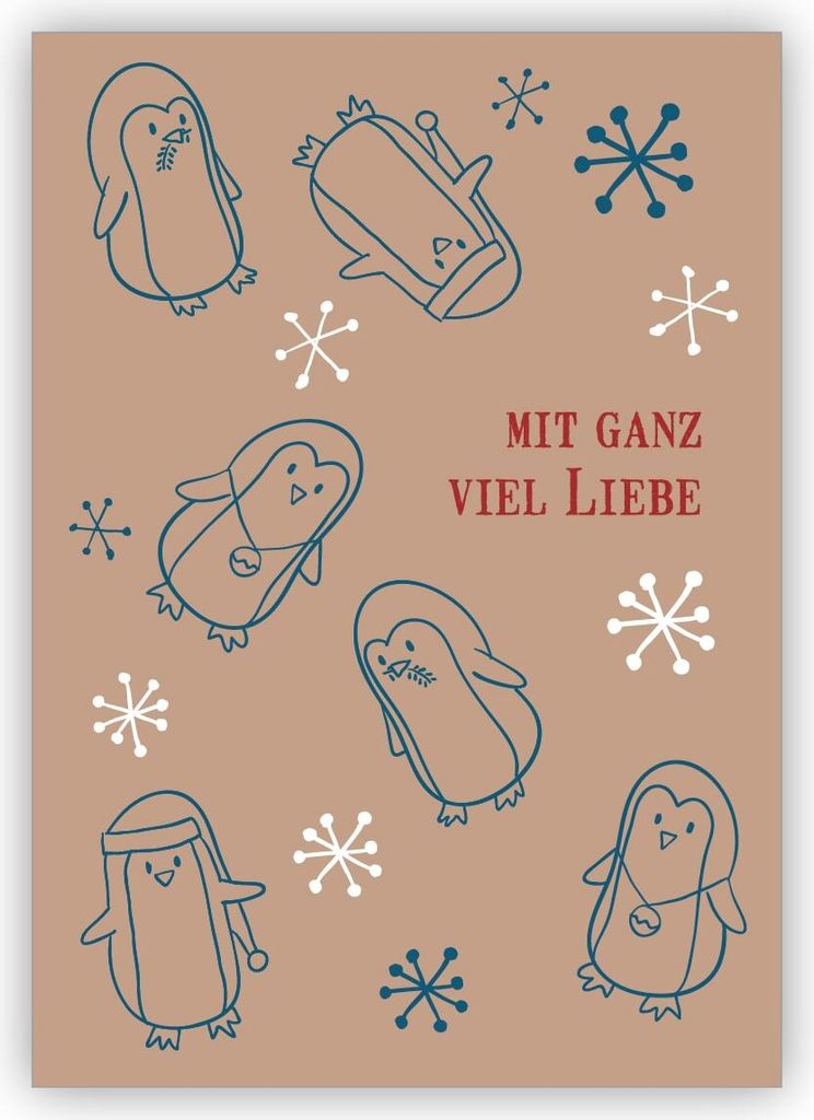 4x Süße Retro Weihnachtskarte mit kleinen Pinguinen zwischen Schneeflocken: mit ganz viel Liebe