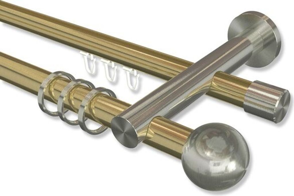 Interdeco Rundrohr-Innenlaufstange, Gardinenstange (Kombination) Messing-Optik / Edelstahl-Optik Modell Platon Luino, 20 mm Ø 2-läufig, 540 cm (g...
