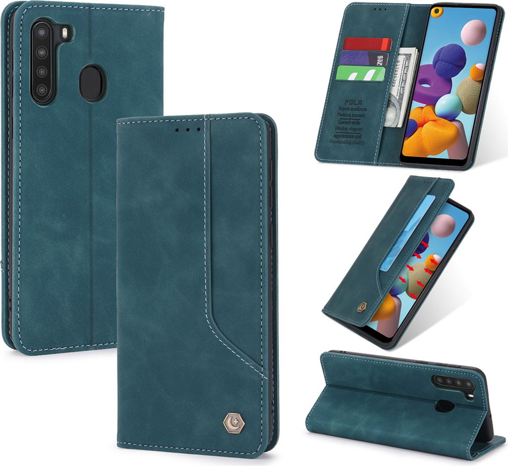 Galaxy A21 Hülle, LaimTop Retro Kunstledertasche Schutzhülle mit Kartenfach Standfunktion für Samsung Galaxy A21 Blau