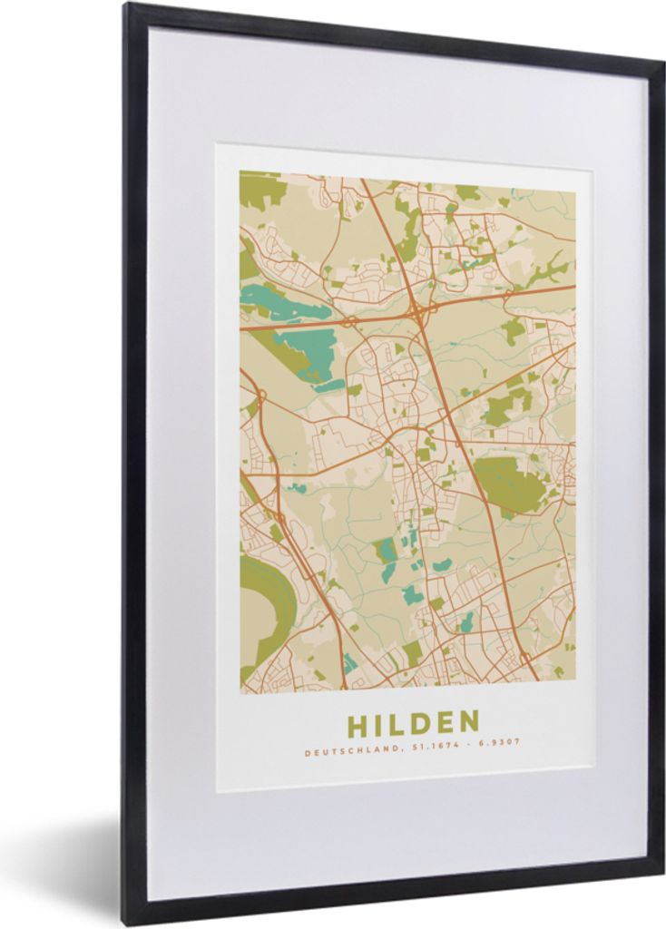 MuchoWow Gerahmtes Poster Hilden - Vintage - Karte - Stadtplan. 40x60 cm - Poster mit Schwarzem Bilderrahmen Wandposter Rahmen Foto Bilder - Post...
