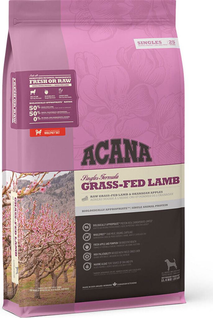 A bag of dog food with a scenic image of trees and mountains.