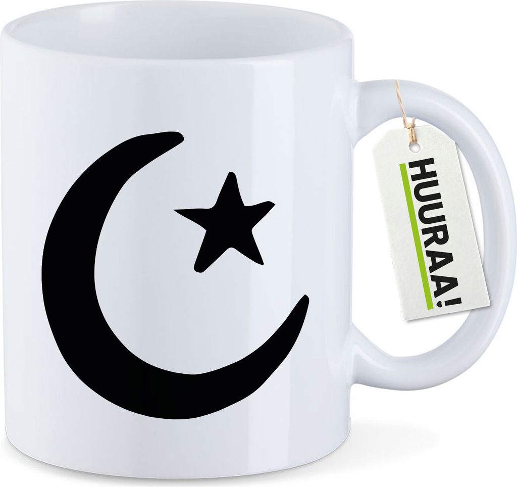 Huuraa Kaffeetasse Halbmond und Stern Islam 330ml Weiß Keramik Kaffeebecher Geschenkidee