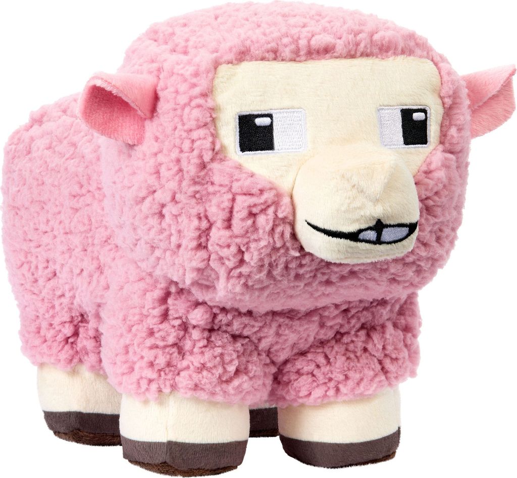 A plush toy of a pink sheep from the game Minecraft.