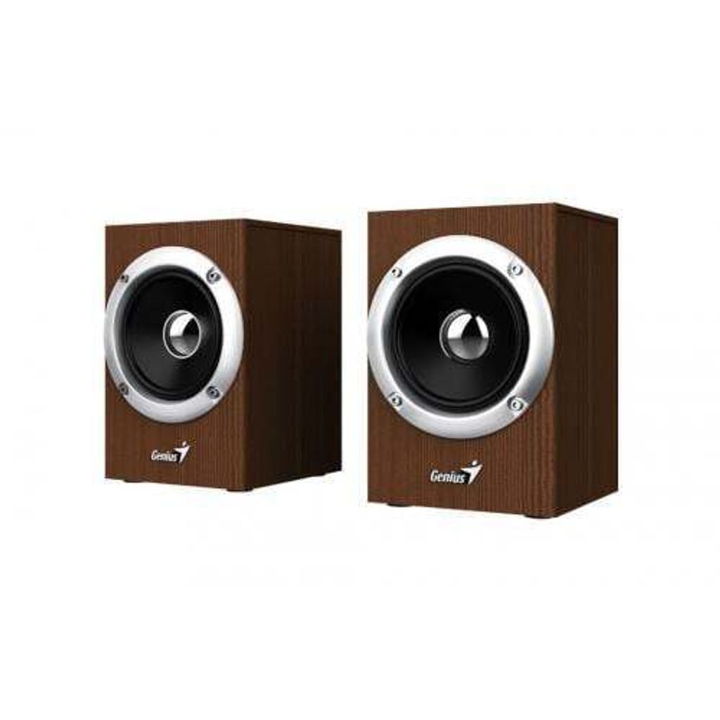 Two brown speakers are shown against a white background.