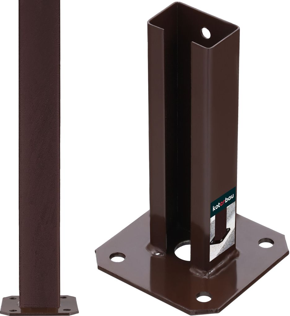 Two brown metal post supports are shown against a white background. One is a full post, and the other is a base with a post attached.